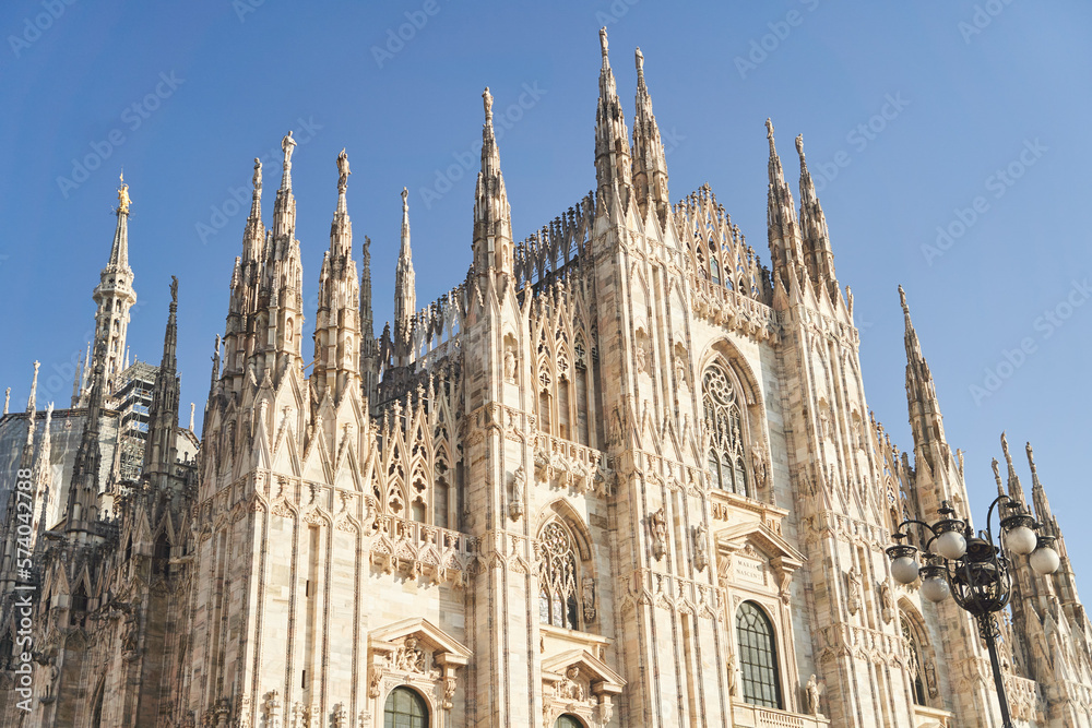 Milan, Italy - February 15, 2023: Milan Cathedral in Piazza Duomo during the day, Milan. Cathedral of the Duomo.