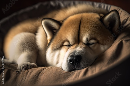 Tableau sur toile American Akita schläft in seinem Hundebett
