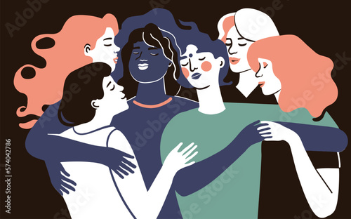 A group of young women hugging each other. Concept illustration for the celebration of International women's day.