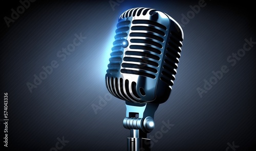  an old fashioned microphone on a black background with a blue light shining through the top of the microphone and a black background with a blue light. generative ai
