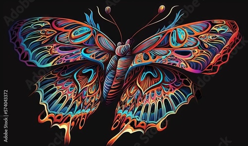 a colorful butterfly with intricate patterns on it's wings, on a black background, with a black background and a black back ground. generative ai