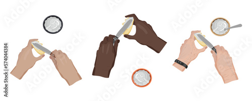 Young, black, old hands spreading cream cheese on wheat bread with a knife on a wooden cutting board. Process of cooking. Personal point of view. Vector isolated illustartin set