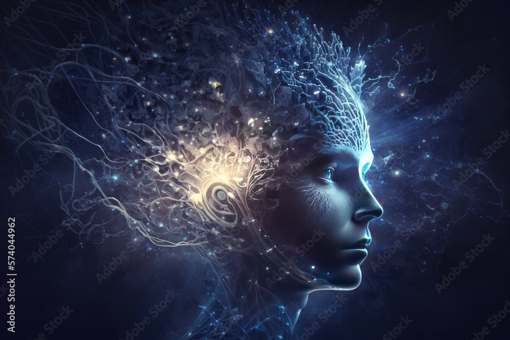 Human head with glowing neurons in the brain. Esoteric and meditation ...