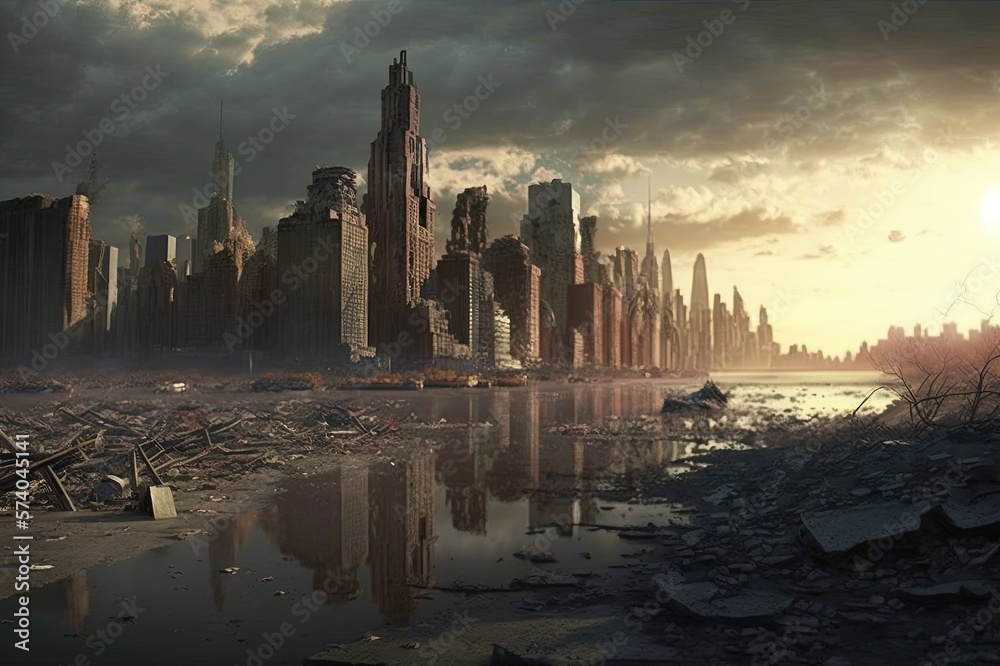 Apocalyptic view of destroyed new york, post apocalypse after world war. Generative Ai.