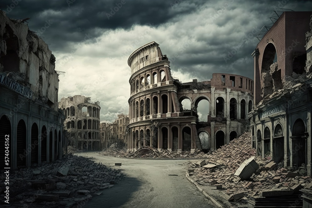 Apocalyptic view of destroyed Rome, post apocalypse after world war. Generative Ai.