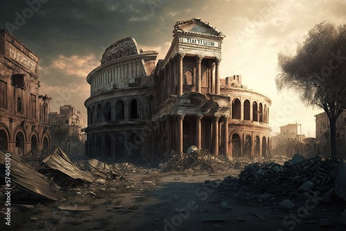 Apocalyptic view of destroyed Rome, post apocalypse after world war. Generative Ai.
