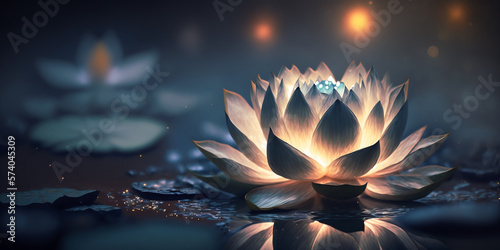 illuminated lotus flower reflecting in the water. Generative AI