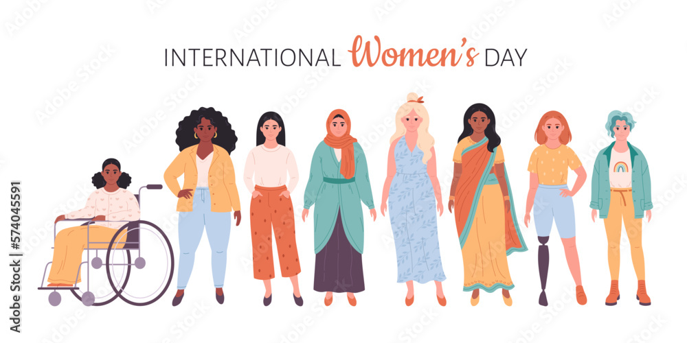 International Women's Day. Feminism, woman equality, empowerment. Crowd of woman of different races, nationalities, ages, body types. Vector illustration in flat style