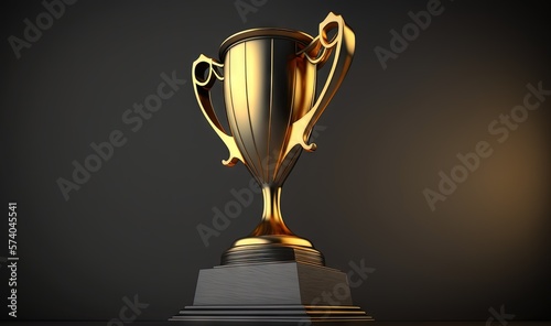  a golden trophy on a pedestal with a black background. generative ai