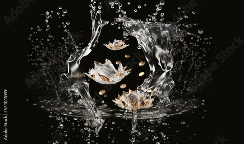  a flower that is splashing in the water with a black background and a black background with a white flower and a black background with a black background. generative ai