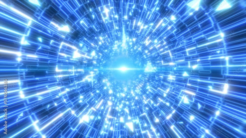 Abstract blue glowing neon laser tunnel futuristic hi-tech with energy lines and flying particle fragments, abstract background. Video 4k, motion design Abstract blue glowing neon laser tunnel futuristic hi-tech with energy lines and flying particle fragments, abstract background. Video 4k, motion design