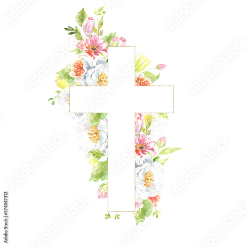 Watercolor Christian cross illustration. Botanical Cross with peony,rose flowers,greenery. Easter, baptism, christening, cards, wedding, paper, invitation, scrapbooking, printable, wrapping, egg hunt