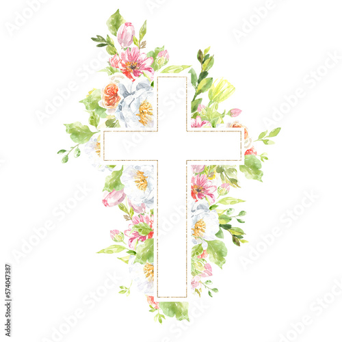 Watercolor Christian cross illustration. Botanical Cross with peony,rose flowers,greenery. Easter, baptism, christening, cards, wedding, paper, invitation, scrapbooking, printable, wrapping, egg hunt