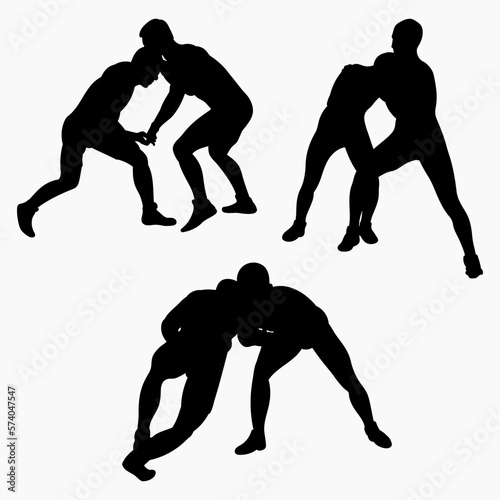 Team silhouettes athletes wrestlers in wrestling, duel, fight. Greco Roman wrestling. Martial art