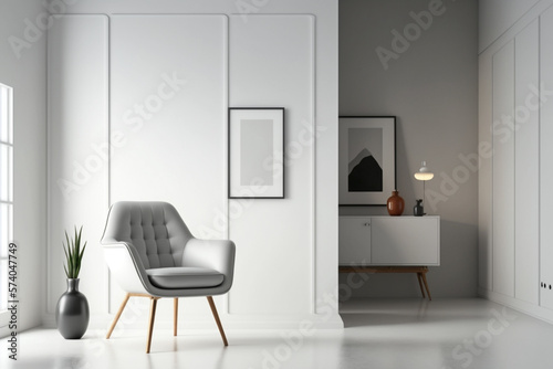 empty light wall with armchair, mockup made with Generative AI