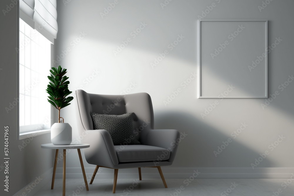 empty light wall with armchair, mockup made with Generative AI empty light wall with armchair, mockup made with Generative AI