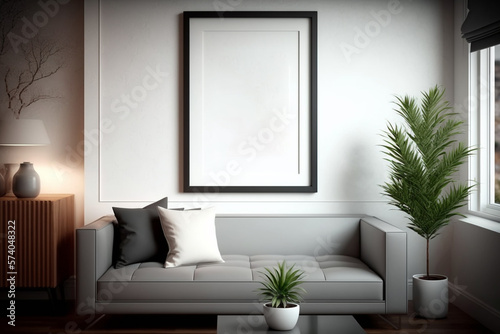 sofa with empty frame and plants, mockup made with Generative AI