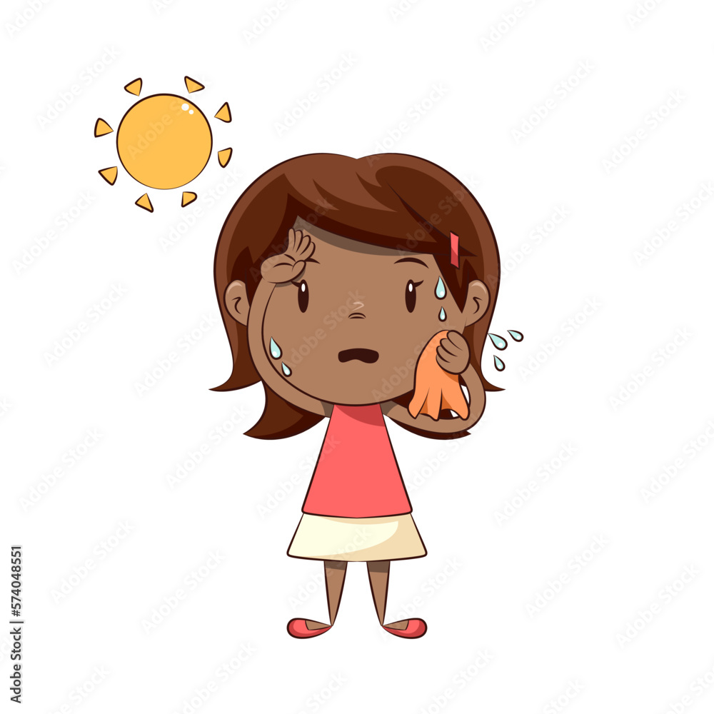 Worried kid sweating hot sunny day, little girl Worried kid sweating hot sunny day, little girl