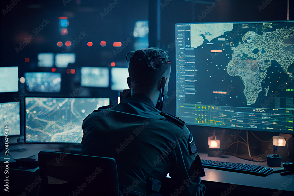Military Surveillance Officer Working on a City Tracking Operation in a Central Office Hub for Cyber Control and Monitoring for Managing National Security. Created with Generative AI technology Military Surveillance Officer Working on a City Tracking Operation in a Central Office Hub for Cyber Control and Monitoring for Managing National Security. Created with Generative AI technology
