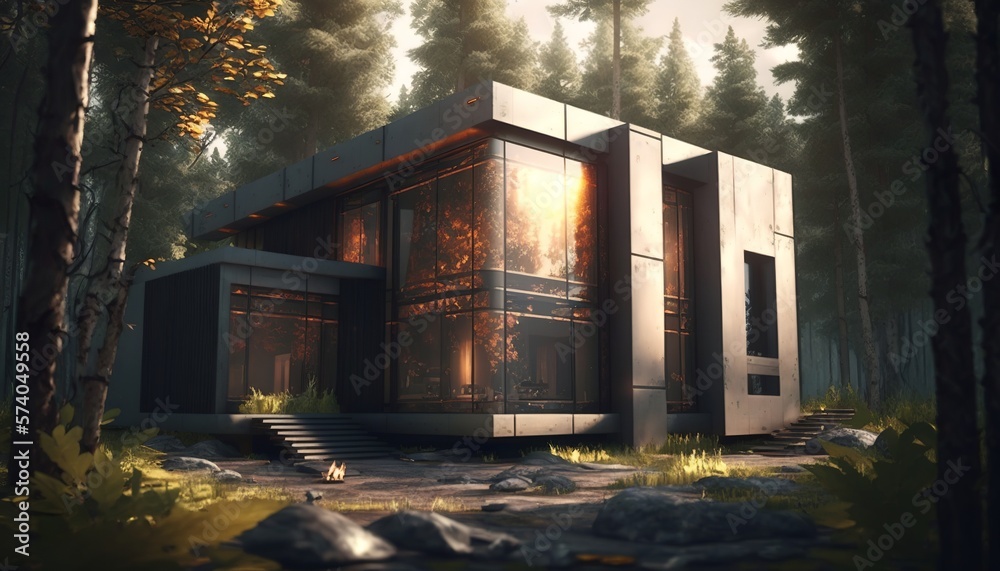 beautiful, modern house with many windows in the forest, beautiful colors beautiful, modern house with many windows in the forest, beautiful colors