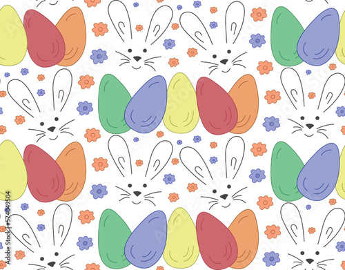 Seamless pattern eggs Easter, Muzzle bunny, flowers. Vector Texture for Easter gift, textile.