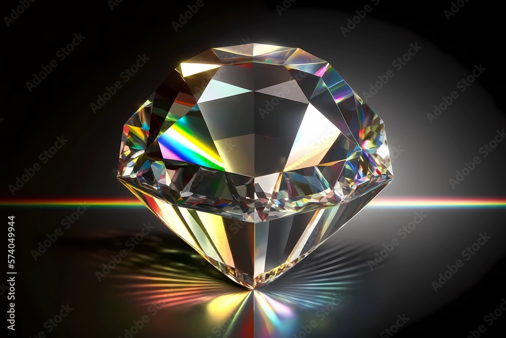 Close-up on single diamond with rays of rainbow colored light ...