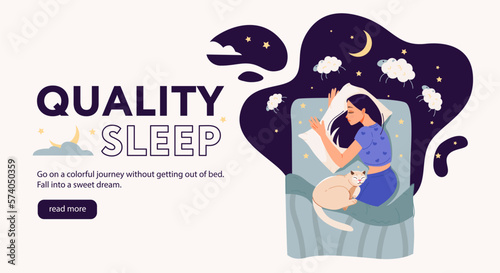 Quality sleep web banner template. The girl sleeps in bed with her cat. The girl counts sheep in her sleep. Cartoon vector illustration.