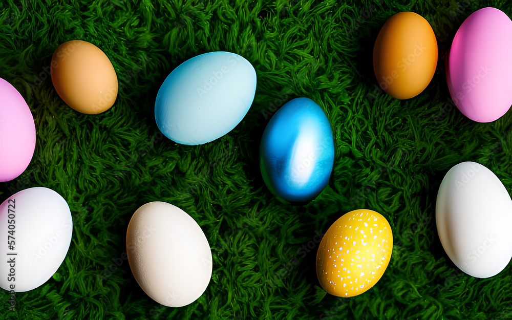 Eggs in grass. Painted Decorative Easter Eggs for Easter day celebration. Holiday Banner for Easter egg hunt. Generative AI
