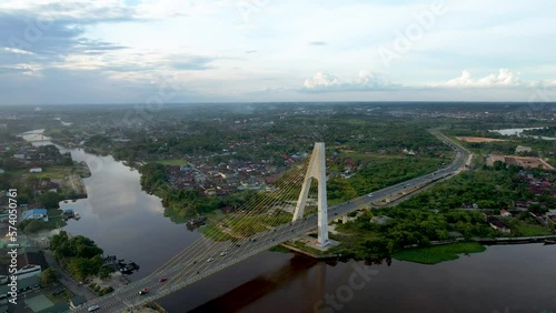 Aerial view of Siak Bridge IV in Pekanbaru top view. 