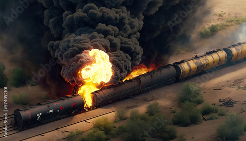 An aerial illustration of a cargo train derailment and fire. photo