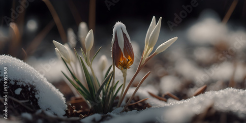 First spring flowers. Beautiful crocus - blooming flowers in early spring in the forest, closeup. Closeup view of the spring flowers in the park. Spring has arrived. Blooming crocus. AI generative