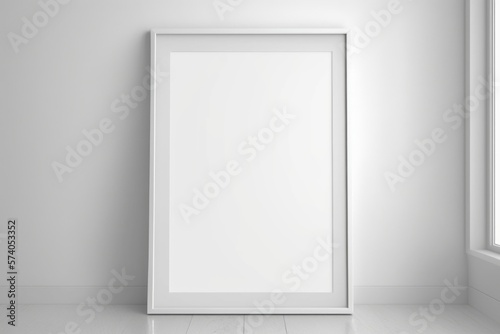 simple minimal white frame on white background wall  empty picture frame for mockup  generative ai  blank poster on wall