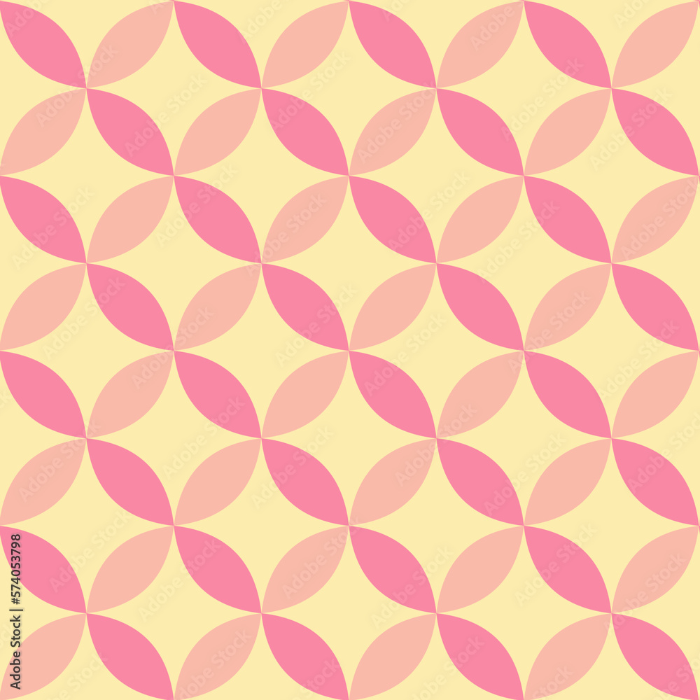 Seamless geometric pattern of pink circles on a yellow background. Simple geo pattern. Clothing fabric print. Seamless trellis background