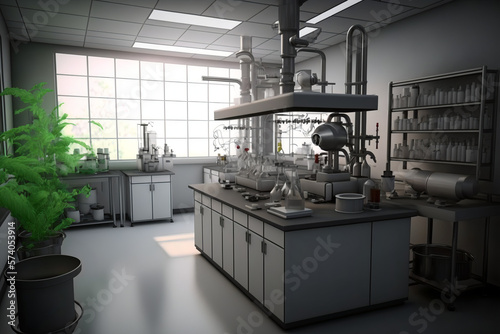 a high-tech laboratory with advanced equipment and scientific instruments. The laboratory features a modern and minimalist design with white walls, stainless steel surfaces, and glass windows.  photo