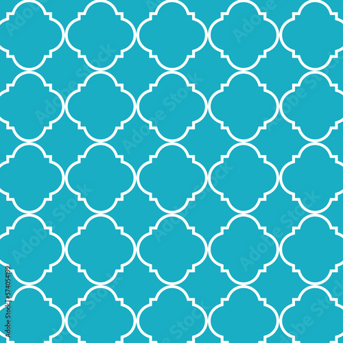 White Quatrefoil geometric pattern on blue background, in blue turquoise color. Blue and white quatrefoil pattern