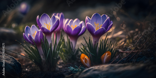 First spring flowers. Beautiful crocus - blooming flowers in early spring in the forest, closeup. Closeup view of the spring flowers in the park.  Spring has arrived. Blooming crocus. AI generative © Only AI