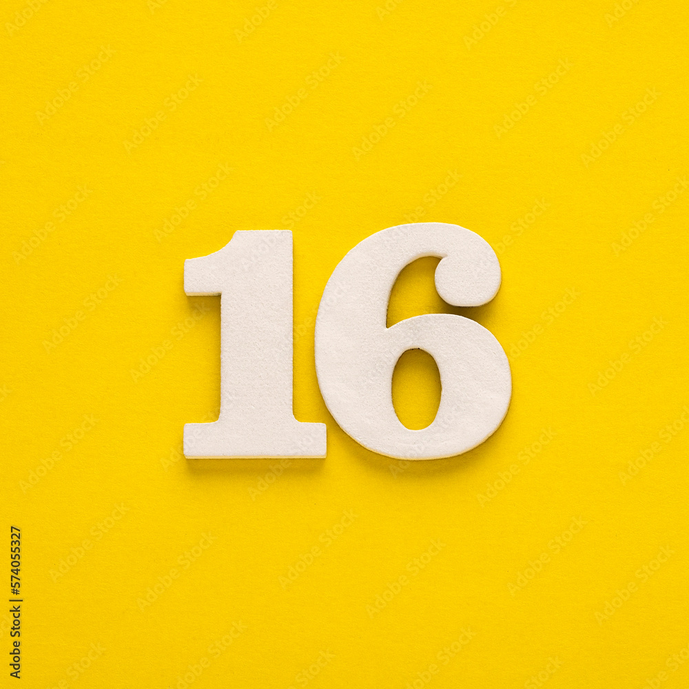 Number 16 - Two figures in white on a yellow background Number 16 - Two figures in white on a yellow background