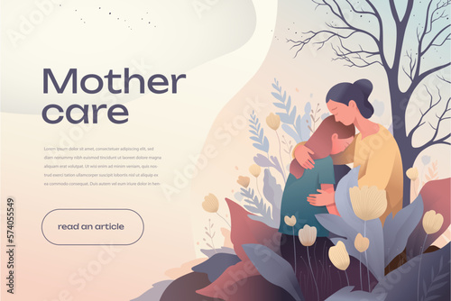 mother comforting her daughter in a field of flowers banner template illustration, web, UI UX, article, art, autumn, emotions, cry, sad, girl and woman, support 