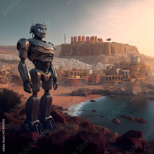 Ciudad autnoma de Melilla as a robot realistic illustration Melillas landscape in the background 3D render 