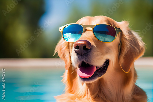 Golden retriever, wearing summer sunglasses. Summer background, generative ai