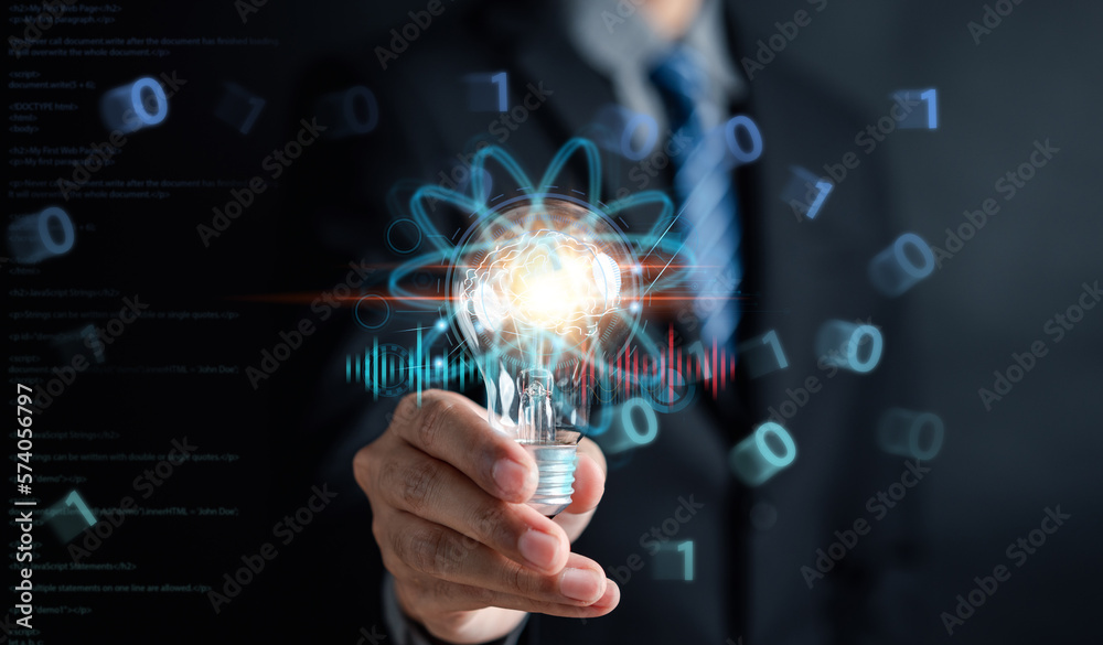 Businessman holding lightbulb with ai technology planning development leadership and customer target with Business global internet connection technology and digital marketing, Financial and banking. Businessman holding lightbulb with ai technology planning development leadership and customer target with Business global internet connection technology and digital marketing, Financial and banking.