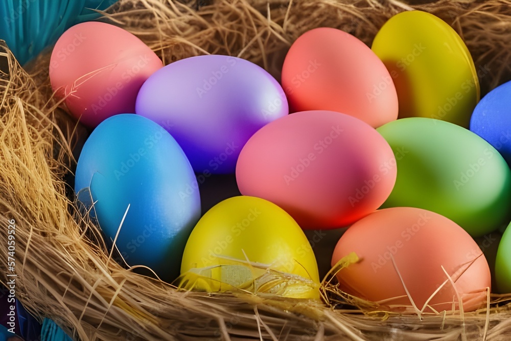 Oeufs colorés dans un nid de paille Oeufs colorés dans un nid de paille