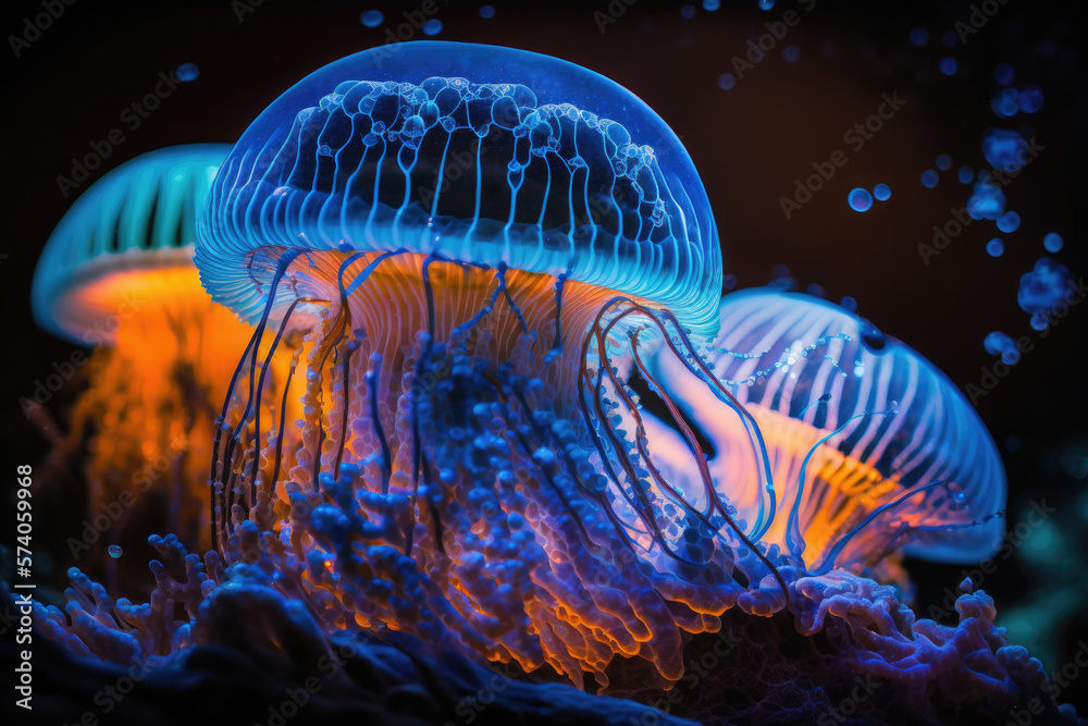 Beautiful jelly fish underwater. Generative AI