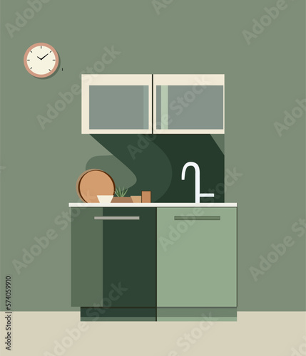 green kitchen with front view furniture. 2d flat image room interior