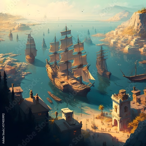 an areal view of a medieval harbor skyline in a bright and sunny bay frigates sc Fototapet