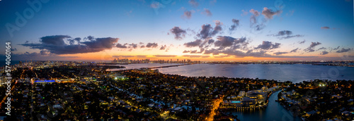 Aerial panorama Miami Beach sunsets circa 2023