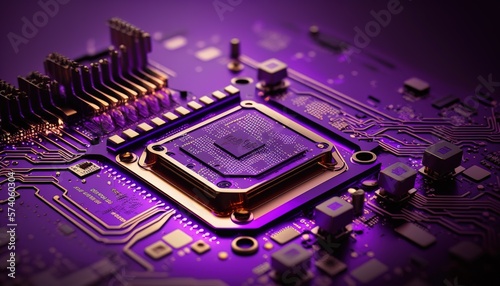 Close up of an electrical circuit board with a CPU, a microchip, and other electronic components in the background. Generative AI
