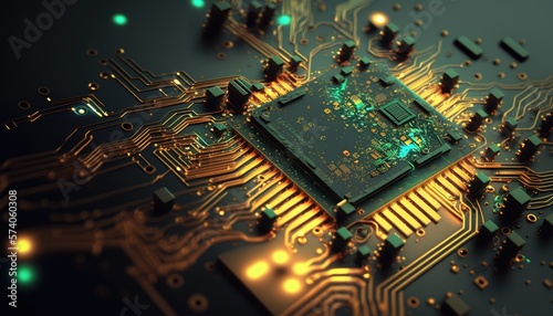Close up of an electrical circuit board with a CPU, a microchip, and other electronic components in the background. Generative AI