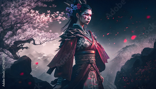 Asian woman in tradicional costume, environment with japanese cherry and mountains, ai generative