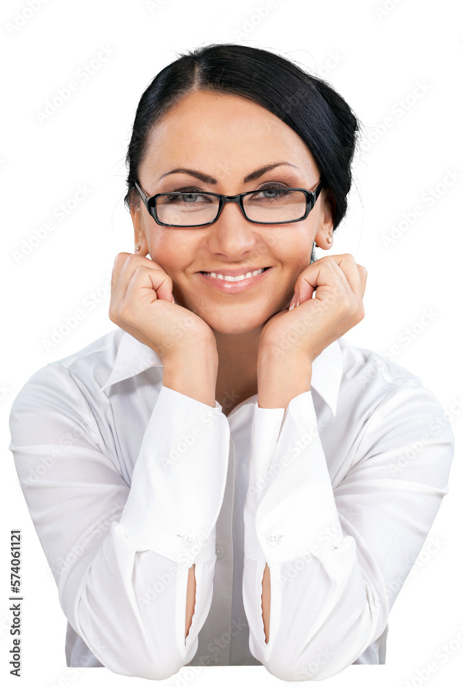 Friendly Woman with Head Resting on Fists - Isolated Friendly Woman with Head Resting on Fists - Isolated